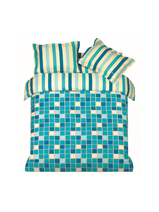 Makis Tselios Home Duvet Cover Set Cotton Queen with 2 Pillowcases 220x240 Squares Blue Blue
