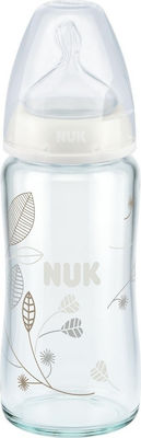 Nuk Γυάλινο Μπιμπερό First Choice Plus Κατά των Κολικών με Θηλή Σιλικόνης 240ml για 0-6 μηνών Λευκό Φυλλαράκια