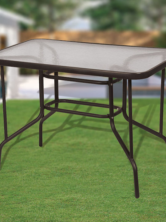 Outdoor Dinner Free Standing Table with Glass Surface and Metal Frame Brown 100x65x71cm