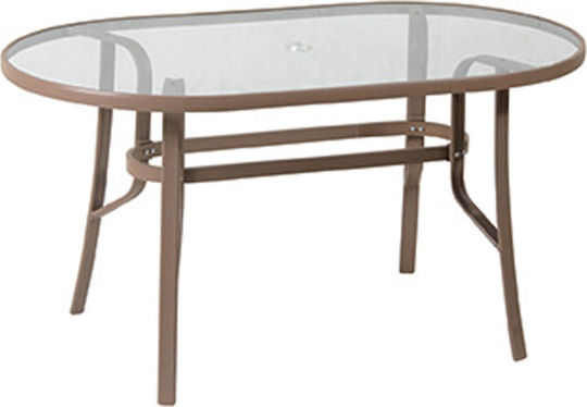 Outdoor Dinner Free Standing Table with Glass Surface and Metal Frame Brown 140x80x75cm