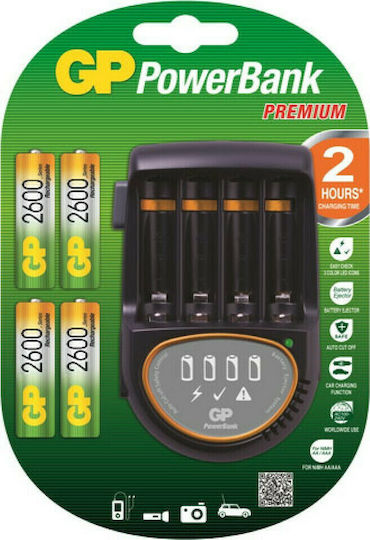 GP Batteries PowerBank Premium PB50 Φορτιστής 4 Μπαταριών Ni-MH Μεγέθους AA Σετ με 4x AA 2600mAh