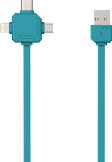 Allocacoc Flat Cablu USB la Lightning / Type-C / micro USB cu mai multe porturi Albastru 1.5m (9003BL/USBC15)