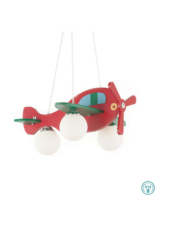 Ideal Lux Αεροπλανάκι Multi Bulbs Kids Lighting Pendant Wooden 40W with Drive Size E14 In Red Colour 51x23cm