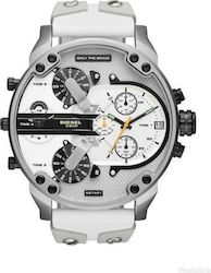 Diesel Battery Chronograph Watch with Leather Strap White