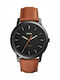 Fossil Ανδρικό Ρολόι 44mm Μπαταρίας με Καφέ Δερμάτινο Λουράκι