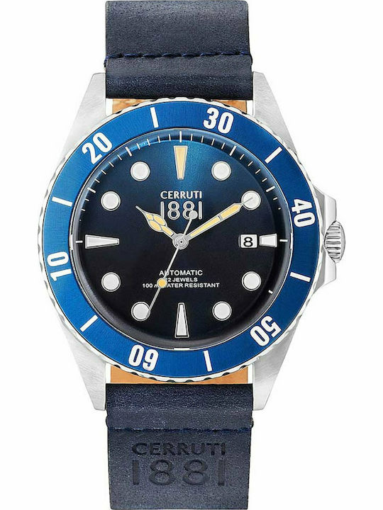 Cerruti Herrenuhr 43mm Automatisch mit Blau Lederarmband