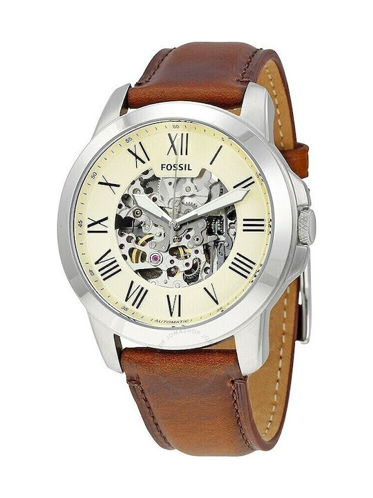 Fossil Grant Ανδρικό Ρολόι 44mm Αυτόματο με Καφέ Δερμάτινο Λουράκι