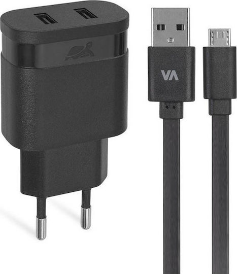 Rivacase Φορτιστής με 2 Θύρες USB-A και Καλώδιο micro USB Μαύρος (VA4122 BD1)
