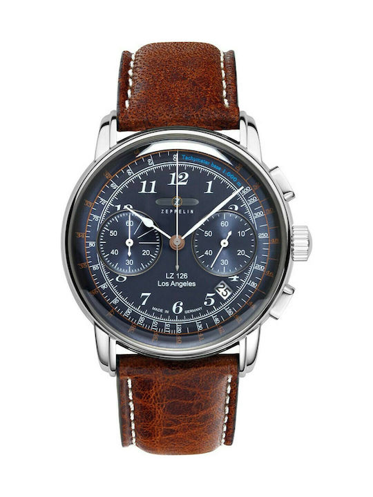 Zeppelin Watch Chronograph Battery with Brown Leather Strap 7614-3