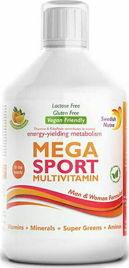 Swedish Nutra Mega Sport Multivitamin Πολυβιταμίνη για Ενέργεια, Ενίσχυση του Ανοσοποιητικού & το Νευρικό Σύστημα Πορτοκάλι 500ml
