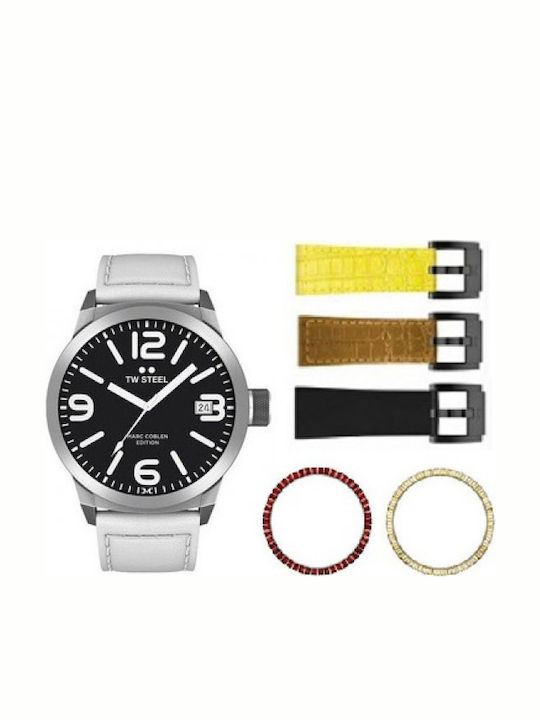 TW Steel Herrenuhr 45mm Batterie mit Weiß Lederarmband
