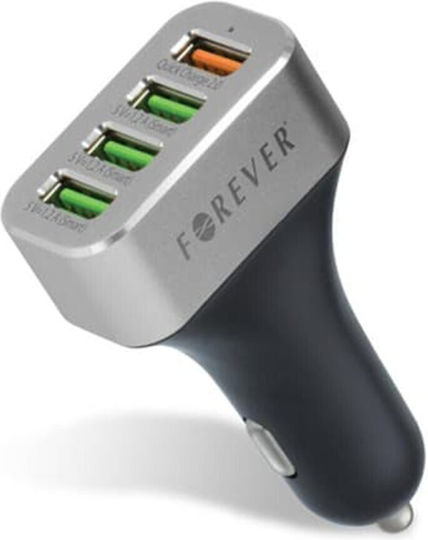 Forever Car Charger 30W 4.8A Fast Charging with Ports: 4xUSB Black Color