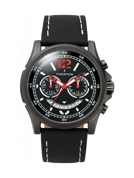 Thorton Ανδρικό Ρολόι 47mm Χρονογράφος Μπαταρίας με Μαύρο Δερμάτινο Λουράκι