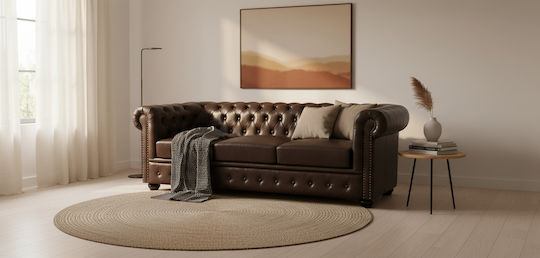 Chesterfield Cu trei locuri Canapea Piele ecologică Maro 208x90x73cm.