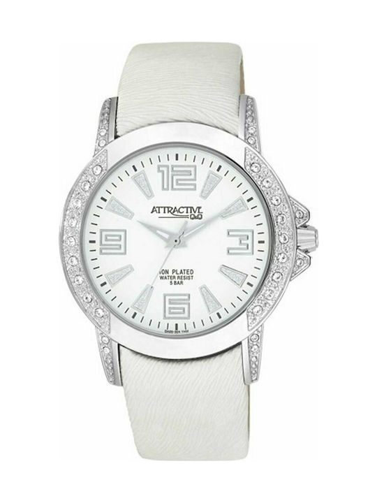 Q&Q Watch with White Leather Strap DA25J304Y