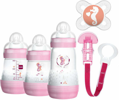 Mam Set aus Plastikflaschen Welcome To The World Gift Set Gegen Koliken mit Silikonsauger für 0+, 0+ m, Monate Pink Hippocampus 160ml 5Stück