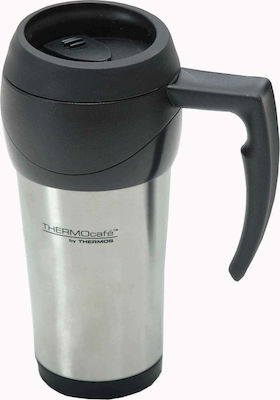 Thermos THERMOcafe Glas Thermosflasche Rostfreier Stahl Silber 400ml mit Mundstück und Handgriff 213-9689