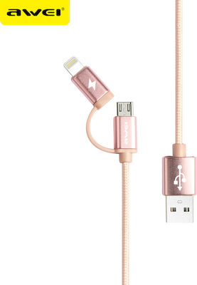 Awei CL-930C Braided USB to Lightning / micro USB Cable 2.1A Ροζ Χρυσό 0.2m