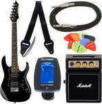 Harley Benton RG-Mini Set Elektrische Gitarre mit Form Stratocaster und HH Pickup-Anordnung Schwarz mit Hülle