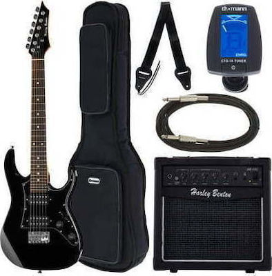 Harley Benton Electric Guitar RG-Mini with HH Pickups Layout, Tremolo, Rosewood Fretboard Bundle 2 in Black