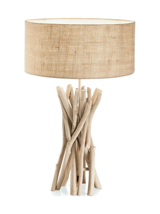 Ideal Lux Driftwood Wood Vintage Table Lamp for Socket E27 with Beige Shade and Base