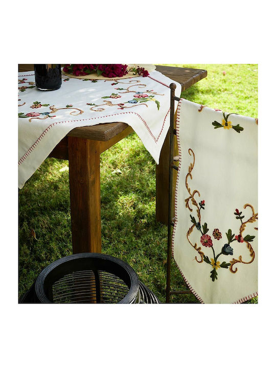 Whitegg 51007 Cotton & Polyester Checkered Tablecloth with Embroidery Ecru 90x90cm