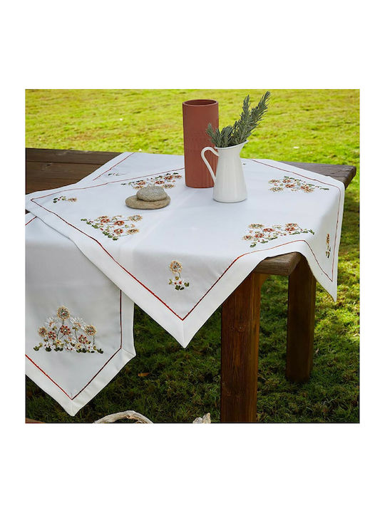 Whitegg 41268 Linen Checkered Tablecloth with Embroidery White 90x90cm