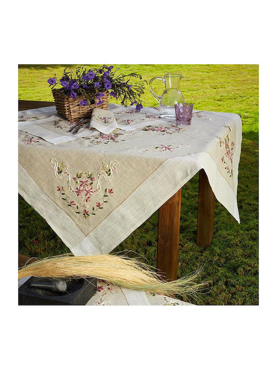 Whitegg 8124A Linen Checkered Tablecloth with Embroidery Beige 140x140cm