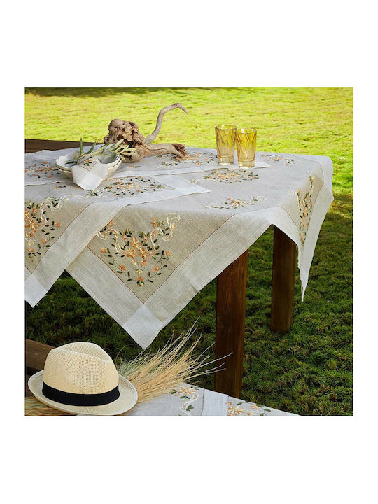 Whitegg 8124B Linen Checkered Tablecloth with Embroidery Yellow 140x140cm