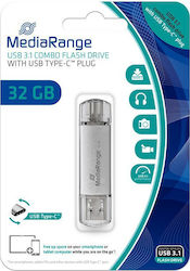 MediaRange 32GB USB 3.0 Stick cu conexiune USB-A & USB-C Argint