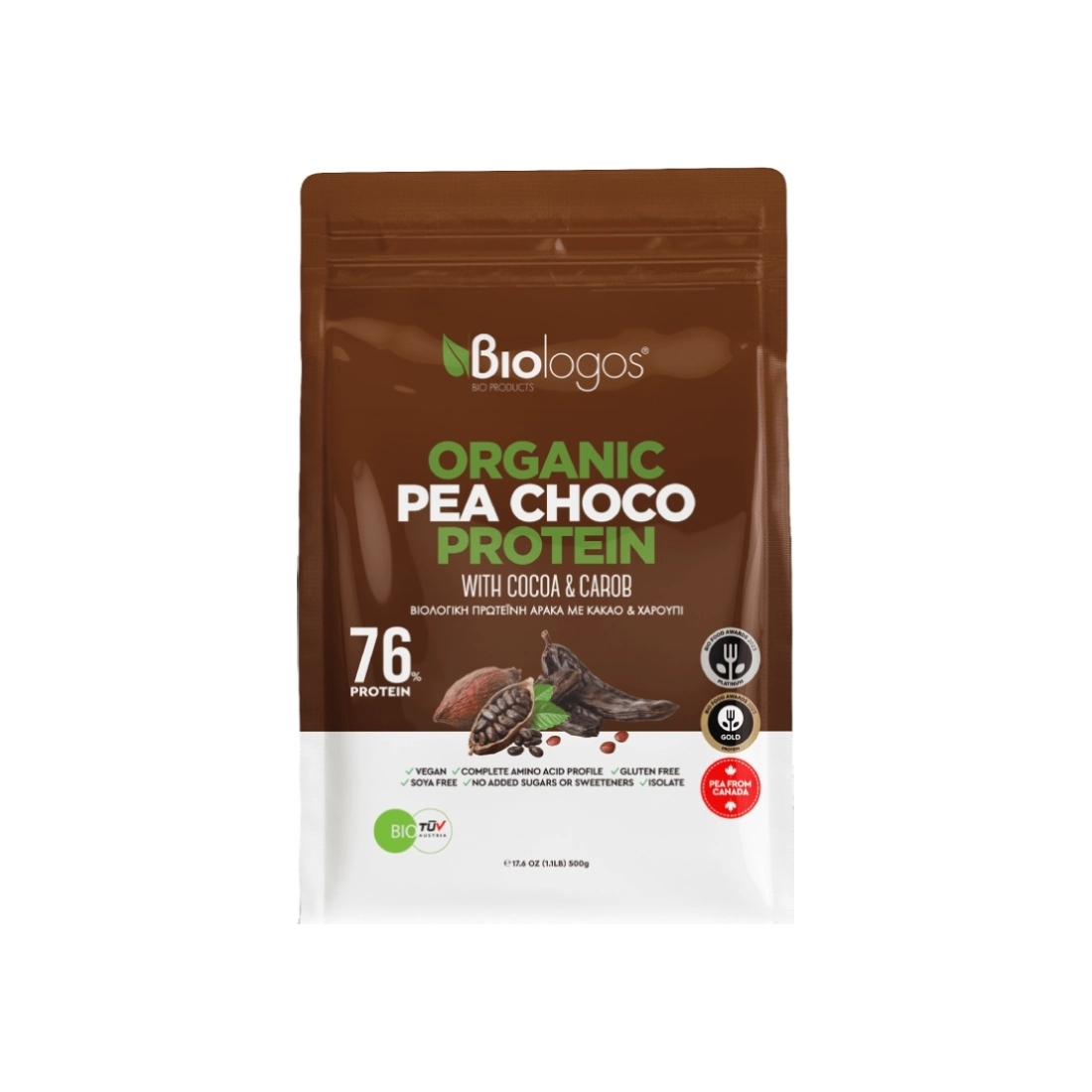 Βιολόγος Organic Pea Cocoa Protein 75% Βιολογική Χωρίς Γλουτένη & Λακτόζη με Γεύση Κακάο 500gr