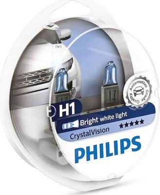 Philips Lampen Auto CrystalVision +30% H1 Halogen 4300K Naturweiß 12V 55W 2Stück