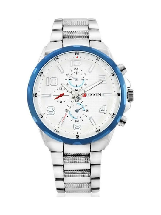 Curren Ανδρικό Ρολόι 43mm Χρονογράφος Μπαταρίας με Ασημί Μεταλλικό Μπρασελέ