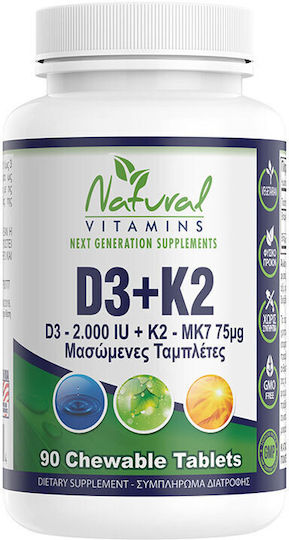 Natural Vitamins D3 + K2 Vitamin für Stärkung des Immunsystems & die Knochengesundheit 90 Kautabletten