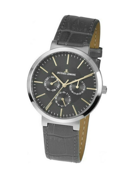 Jacques Lemans Milano Watch Chronograph Battery with Gray Leather Strap