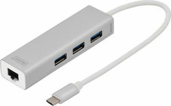 Digitus USB 3.0 Hub 3 Anschlüsse mit USB-C / Ethernet Verbindung Silber