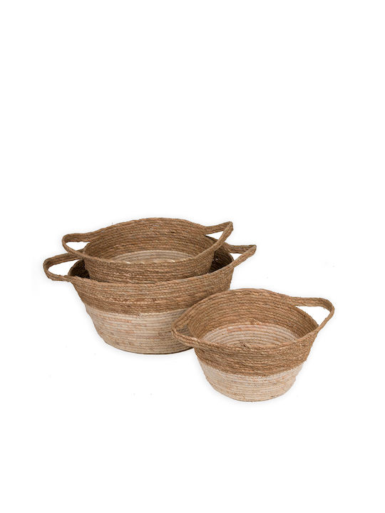 Zaros Set of Beige Wicker Decorative Baskets with Handles 3 Pieces