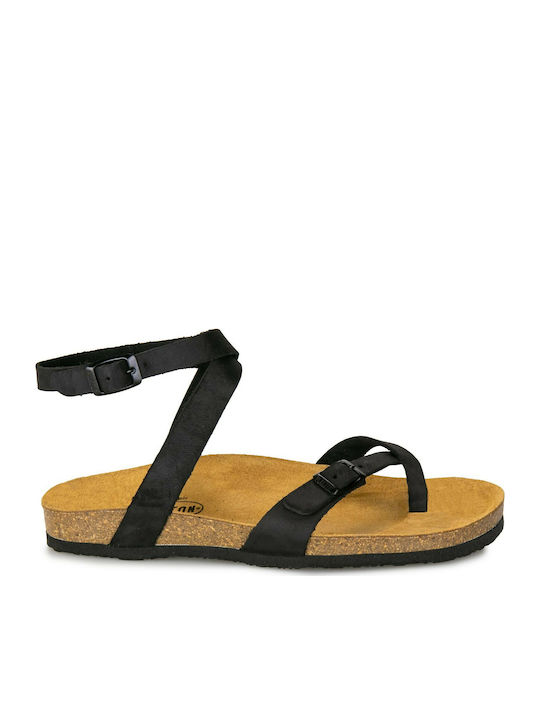 Leather Women's Flat Sandals Anatomic with Strap Black Apure