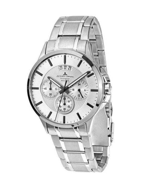 Jacques Lemans Sydmey Ανδρικό Ρολόι 42mm Χρονογράφος Μπαταρίας με Ασημί Μεταλλικό Μπρασελέ