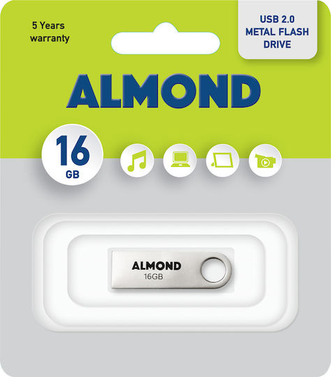 Almond Metal Flash 16GB USB 2.0 Stick Ασημί