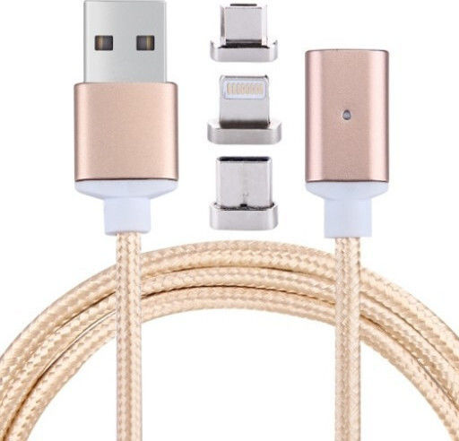 Braided / Magnetic USB to Lightning / Type-C / micro USB 1m Cable Pink