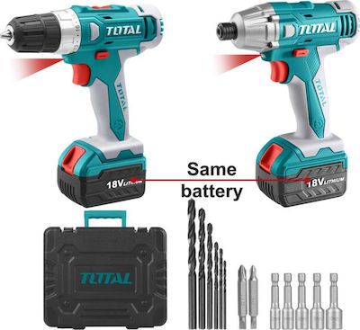 Total Set Drill Driver & Impact Screwdriver 18V with 2 Batteries 1.5Ah and Case with 13 Components