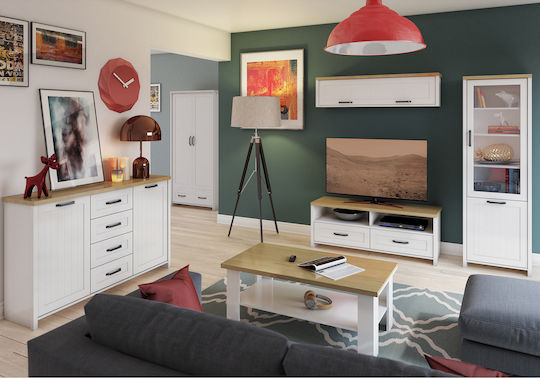 Sideboard Verne Holz mit Schubladen Weiß / Natürliche 147,9x37,2x91,8cm