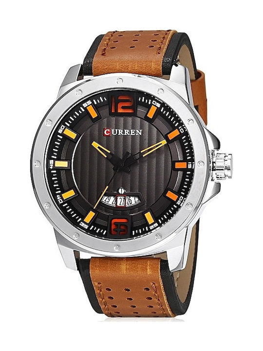 Curren Watch Battery with Leather Strap Brown / Silver / Black