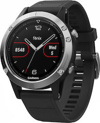 Garmin Fenix 5 Stainless Steel 47mm Αδιάβροχο Smartwatch με Παλμογράφο (Silver with Black Band)