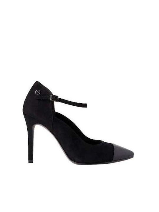 Suede Pointed Toe Heels with Stiletto Heel and Strap Black