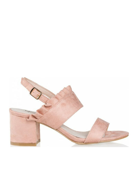 Envie Shoes Suede Women's Sandals Pink with Chunky Medium Heel