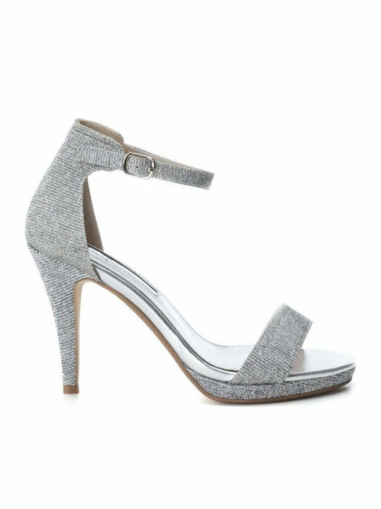 Xti Women's Sandals with Ankle Strap Silver with Thin High Heel