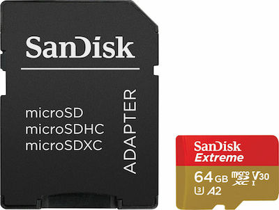 Sandisk Extreme microSDXC 64GB Class 10 U3 V30 A2 UHS-I με αντάπτορα