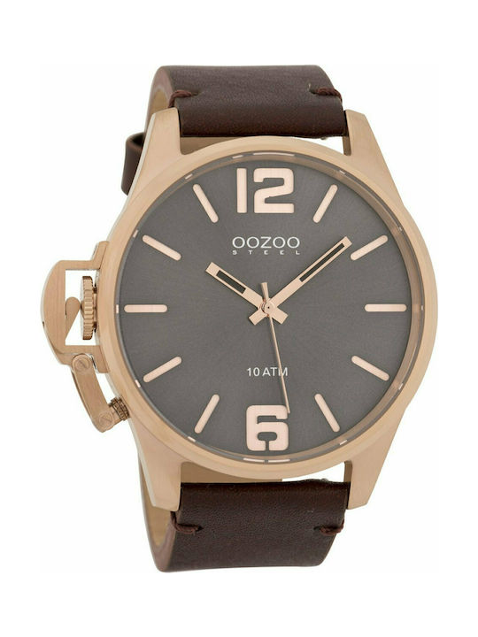 Oozoo Steel Watch Battery with Brown Leather Strap